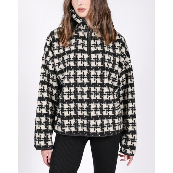 Brunette The Label Oversized 1/2 Zip Sherpa Sweater Houndstooth fleece pullover - Picture 1 of 5